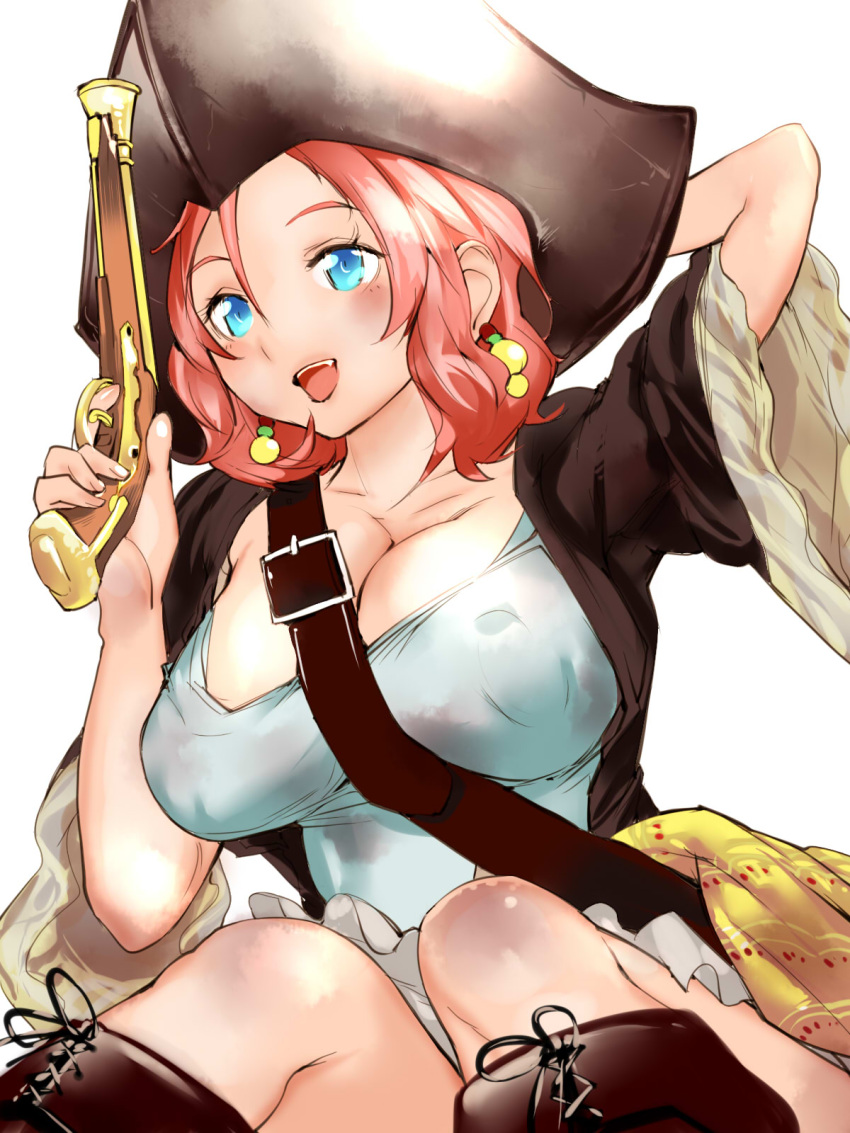 antique_firearm, arm_behind_head, belt, blue_eyes, boots, breasts, cleavage, earrings