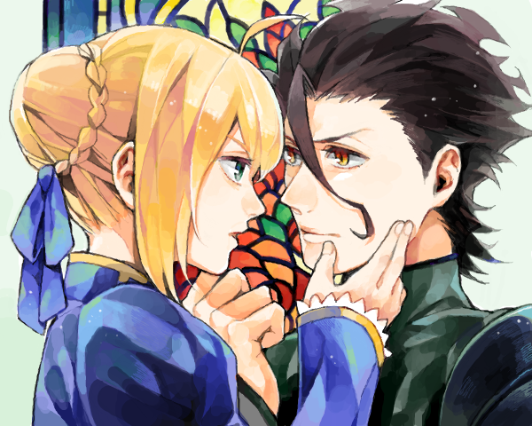 1girl, ahoge, black_hair, blonde_hair, blue_eyes, drawr, fate/zero, fate_(series)