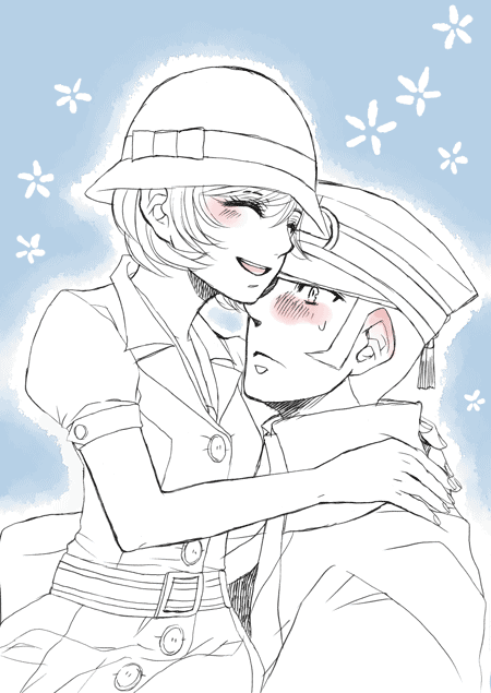 blush, cloche_hat, closed_eyes, devil_summoner, eyes_closed, flapper_girl, hat, hug