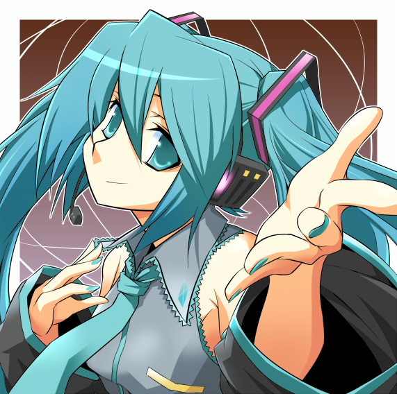 aqua_eyes, aqua_hair, detached_sleeves, foreshortening, hatsune_miku, headset, hermmy, necktie