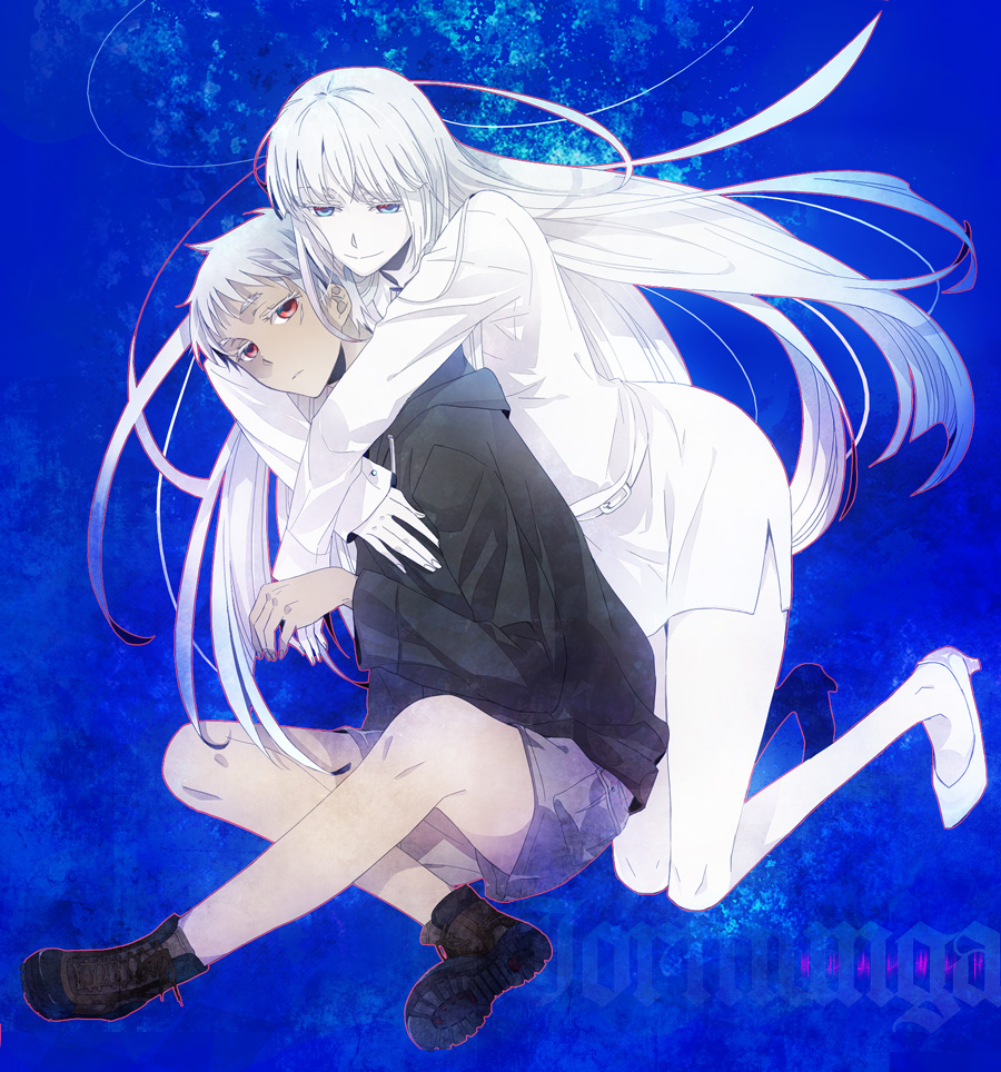 1girl, blue_eyes, blue_hair, dark_skin, hug, hug_from_behind, johnathan_mar, jormungand, kanan_yt, koko_hekmatyar, long_hair, pantyhose, red_eyes, scar, short_hair, smile, white_legwear