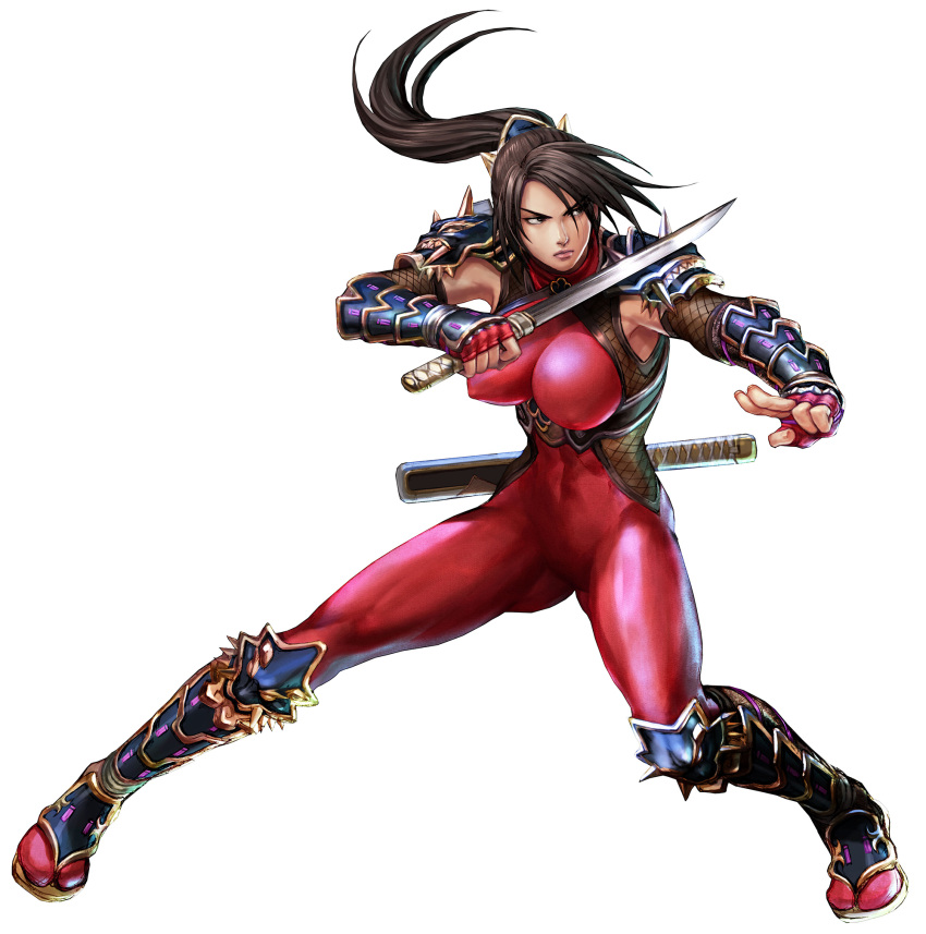 1girl, armor, bodysuit, breasts, closed_mouth, female, fighting_stance, fingerless_gloves