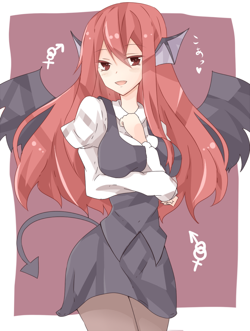 :d, bat_wings, between_breasts, blush, breast_lift, breasts, brown_eyes, brown_legwear
