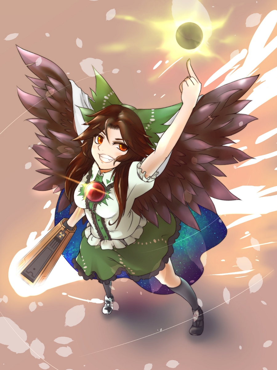 arm_cannon, arm_up, bow, brown_hair, cape, diohazard, energy_ball, grin