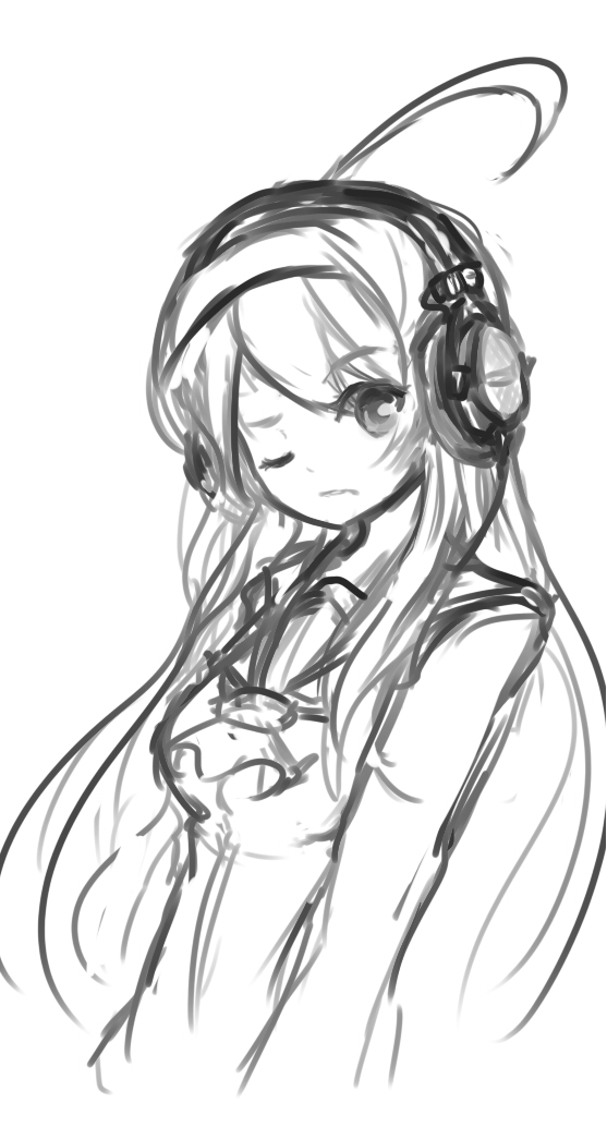 ahoge, arceonn, beyerdynamic, headphones, huge_ahoge, long_hair, monochrome, orie_(under_night_in-birth)