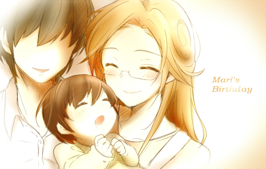 age_difference, baby, brown_hair, closed_eyes, drooling, eyes_closed, faceless, faceless_male, family, father_and_son, glasses, holding, kami_nomi_zo_shiru_sekai, katsuragi_keiichi, katsuragi_keima, katsuragi_mari, long_hair, mother_and_son, semi-rimless_glasses, sleeping, smile