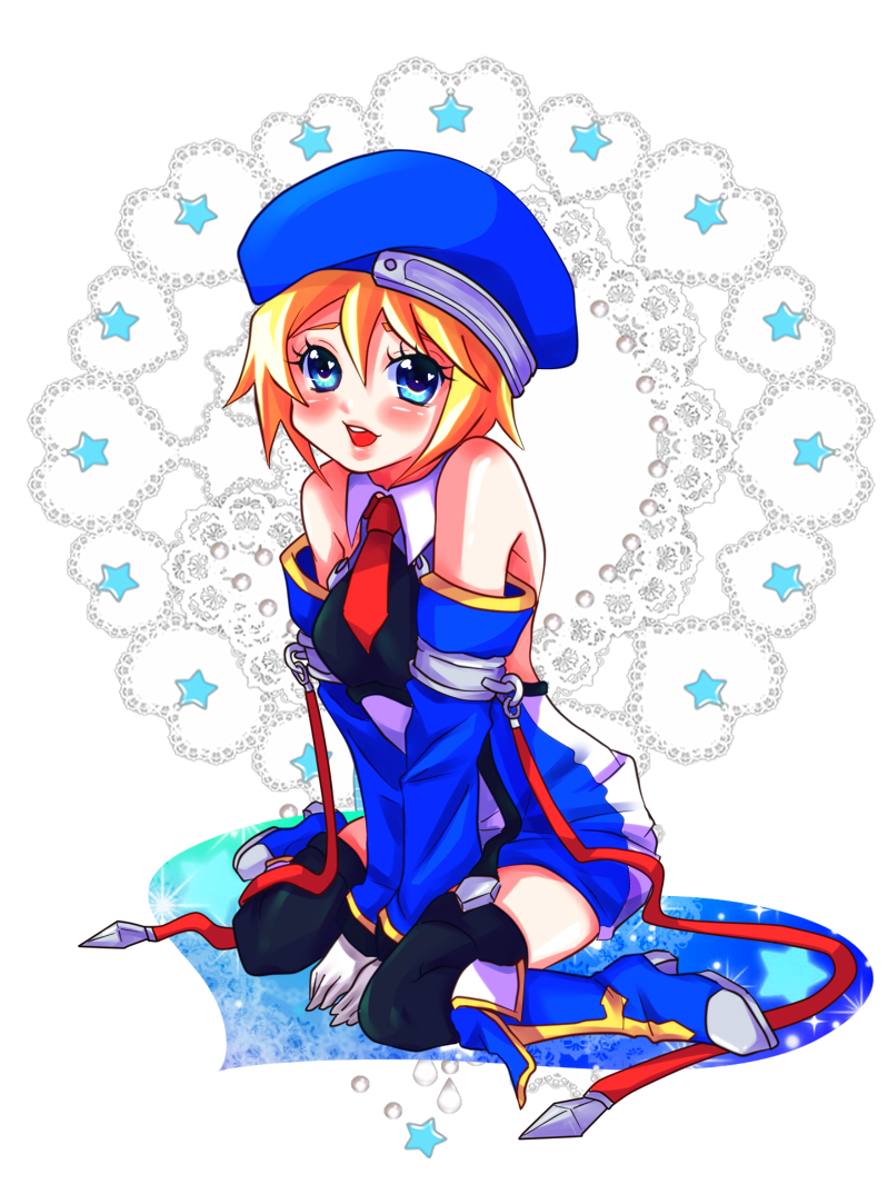 bare_shoulders, beret, black_legwear, blazblue, blue_eyes, blush, boots, chinmi_megu