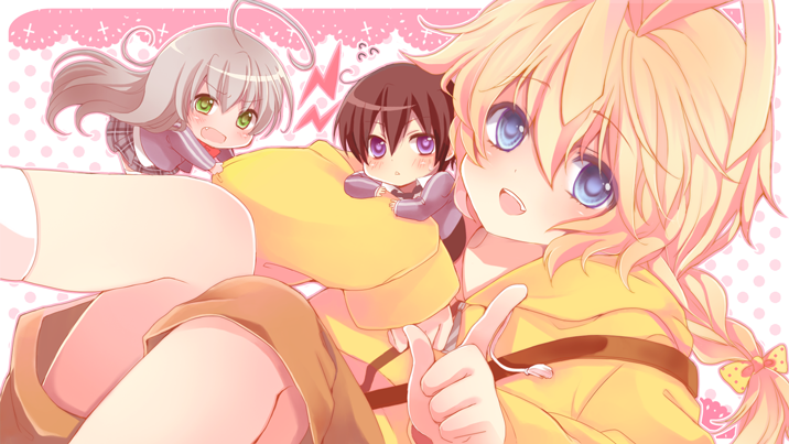 2boys, :<, ahoge, annoyed, antenna_hair, bag, bed, blonde_hair