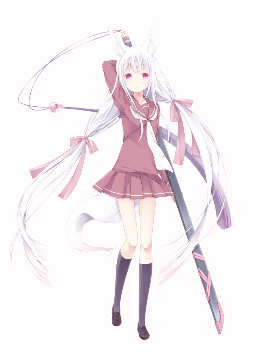 :<, animal_ears, fox_ears, highres, long_hair, original, red_eyes, ribbon