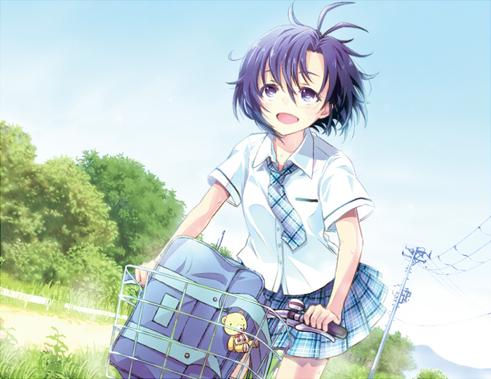 bag, bicycle, black_hair, blue_eyes, blush, idolmaster, kasu1192, kikuchi_makoto