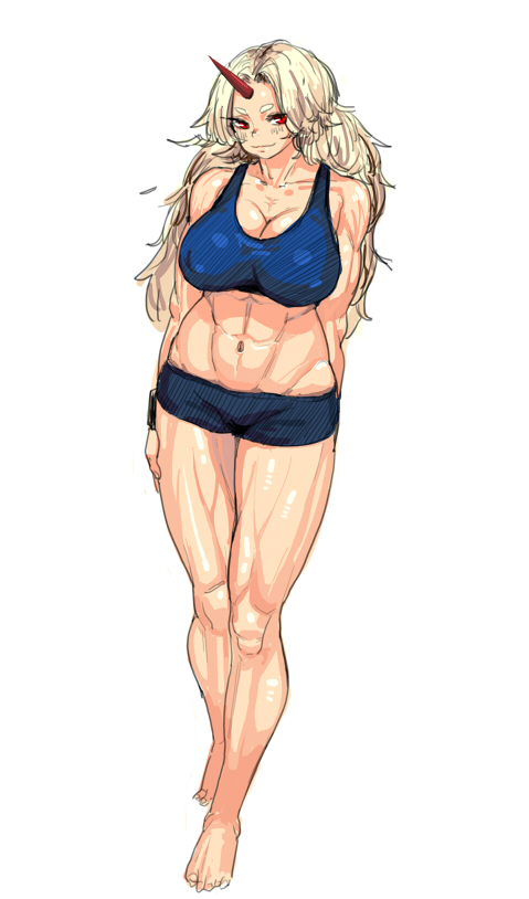 abs, blonde_hair, breasts, horn, hoshiguma_yuugi, large_breasts, long_hair, mabera