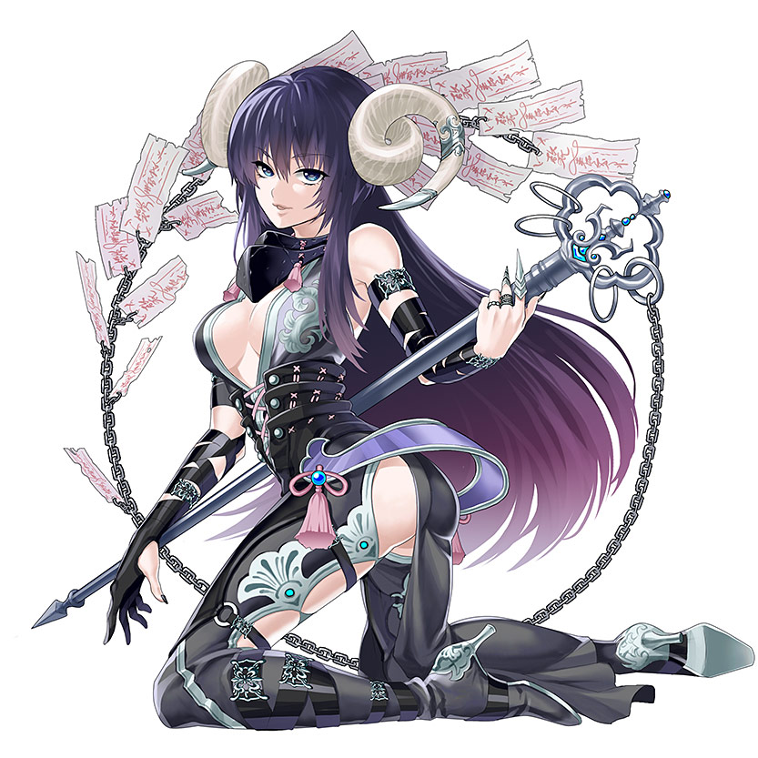 bare_shoulders, black_hair, blue_eyes, breasts, chain, chains, gradient_hair, high_heels