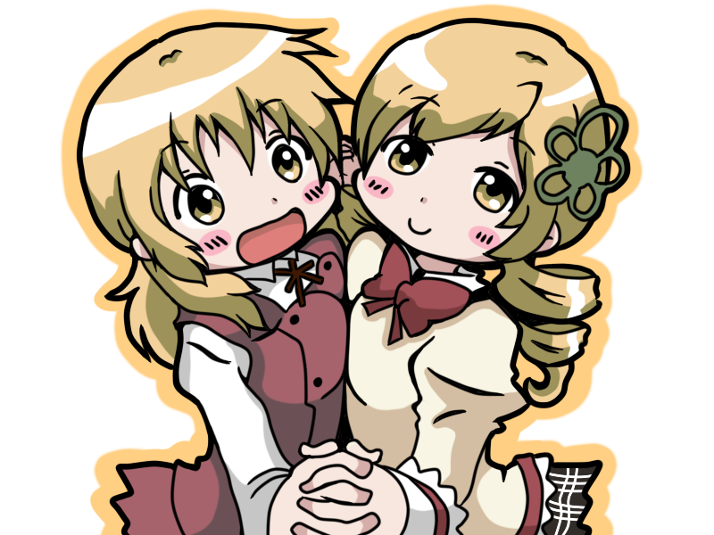 blonde_hair, breast_press, company_connection, creator_connection, crossover, drill_hair, hand_holding, hidamari_sketch, holding_hands, hoshino., mahou_shoujo_madoka_magica, miyako, mizuhashi_kaori, multiple_girls, ribbon, school_uniform, seiyuu_connection, shaft, symmetrical_docking, tomoe_mami, twin_drills, twintails