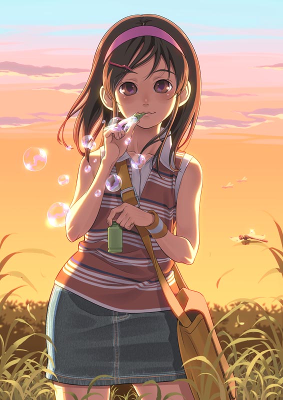 brown_eyes, brown_hair, bubble, denim_skirt, face, jean_skirt, original, pairan