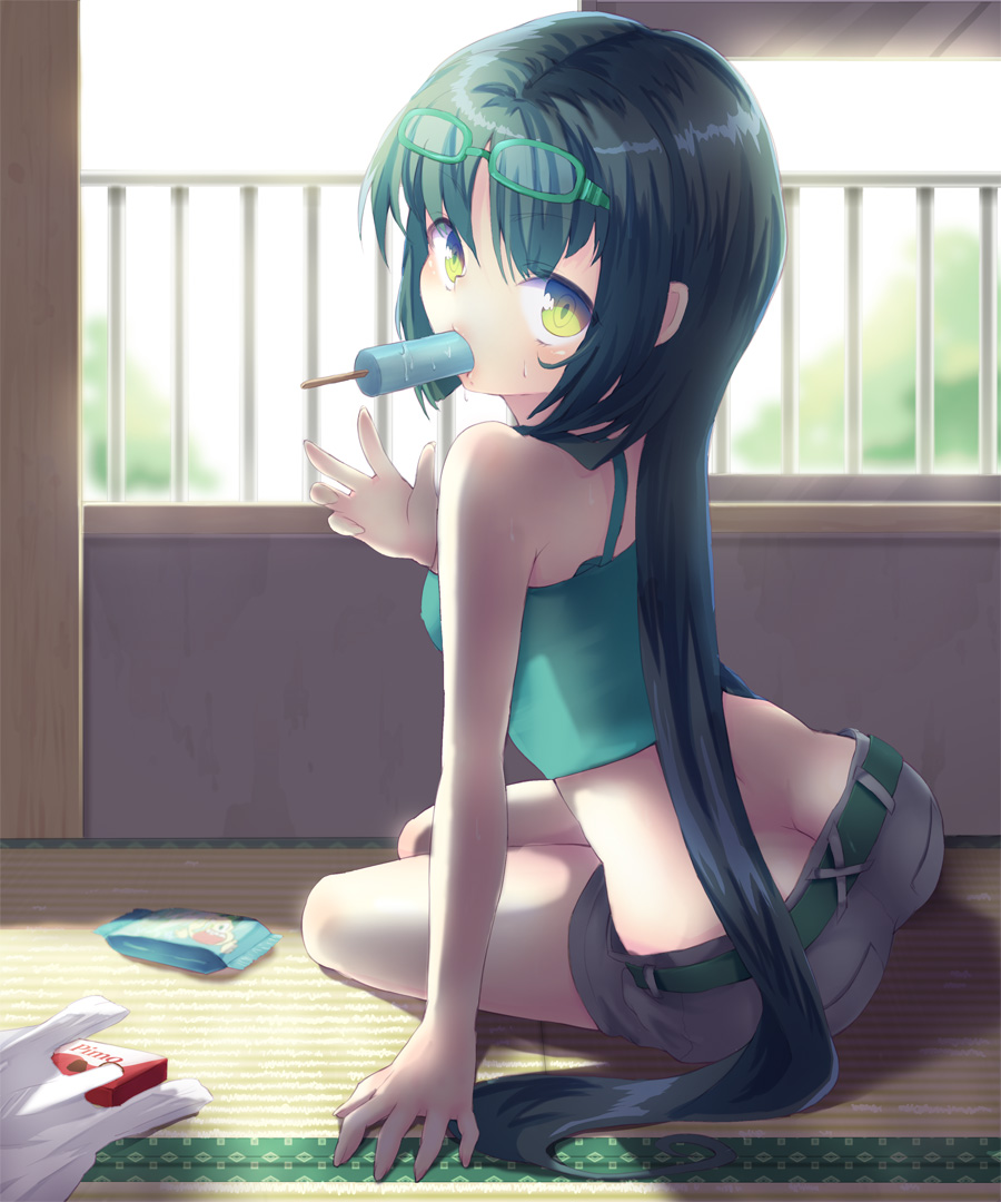 arm_support, bare_shoulders, black_hair, butt_crack, camisole, esgkjj, gari_gari-kun, glasses, glasses_on_head, green-framed_glasses, long_hair, looking_back, midriff, mouth_hold, niounomiya_izumu, popsicle, ringed_eyes, shorts, sitting, solo, tatami, very_long_hair, yellow_eyes, yokozuwari, zaregoto_series