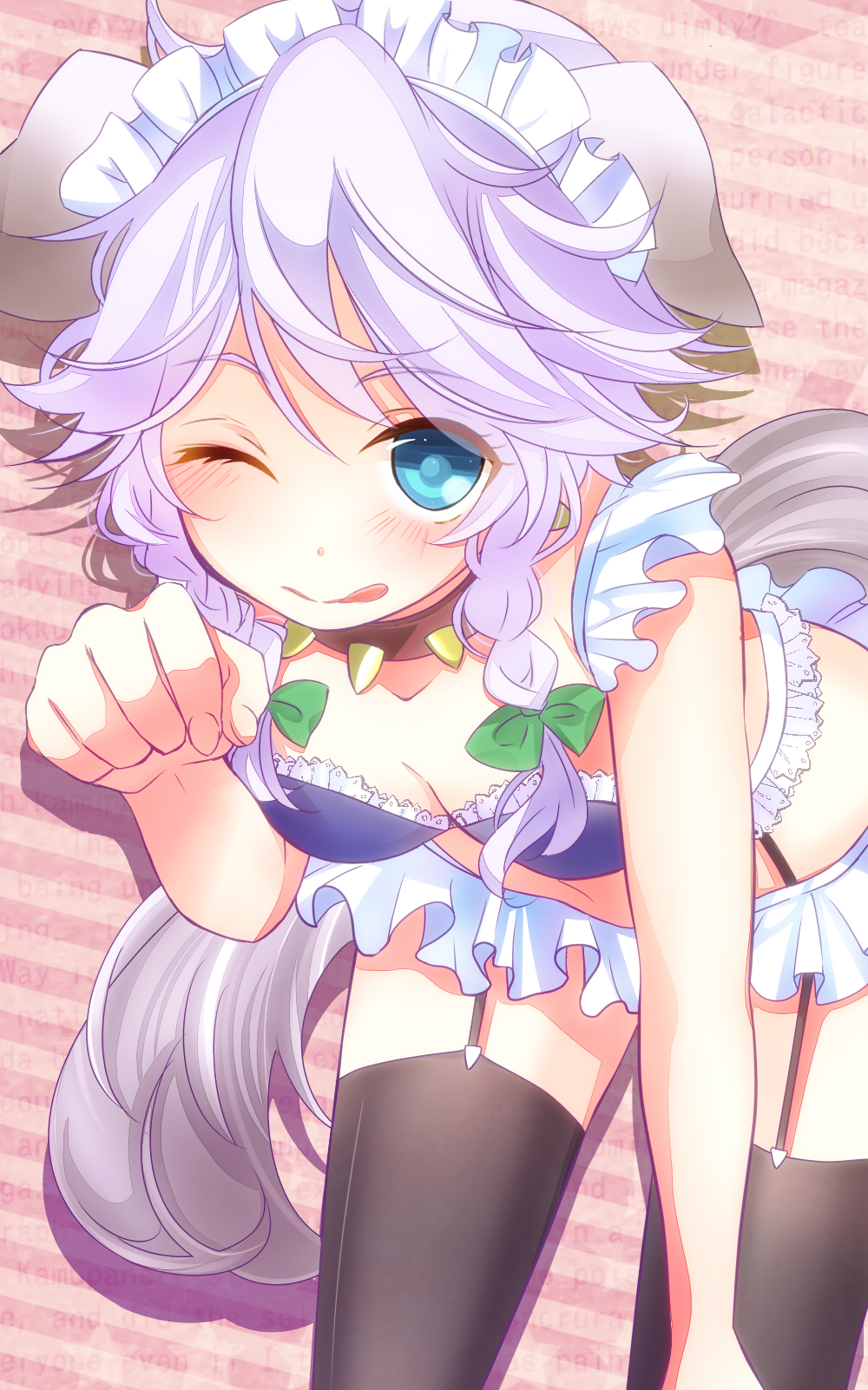 :q, animal_ears, black_legwear, blue_bra, blue_eyes, blush, bra, braid, breasts, cleavage, dog_ears, dog_tail, garter_straps, hair_ribbon, highres, inu_sakuya, izayoi_sakuya, kemonomimi_mode, leaning_forward, maid, maid_headdress, mike_(mikenekotei), miniskirt, paw_pose, ribbon, short_hair, silver_hair, skirt, smile, solo, tail, thigh-highs, thighhighs, tongue, touhou, twin_braids, underwear, wink