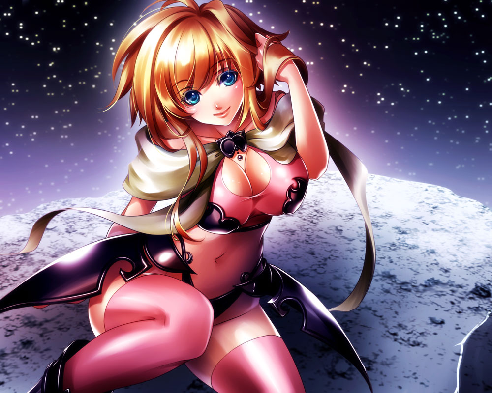 armor, blonde_hair, blue_eyes, blush, breasts, cleavage, cleavage_cutout, collarbone, long_hair, looking_at_viewer, navel, pink_legwear, pixiv_fantasia, pixiv_fantasia_sword_regalia, shiny, shiny_skin, sitting, smile, solo, taut_shirt, thigh-highs, thighhighs, uni_(uniuni5)