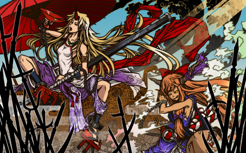 baraizo, blonde_hair, chain, chains, highres, horn, hoshiguma_yuugi, ibuki_suika