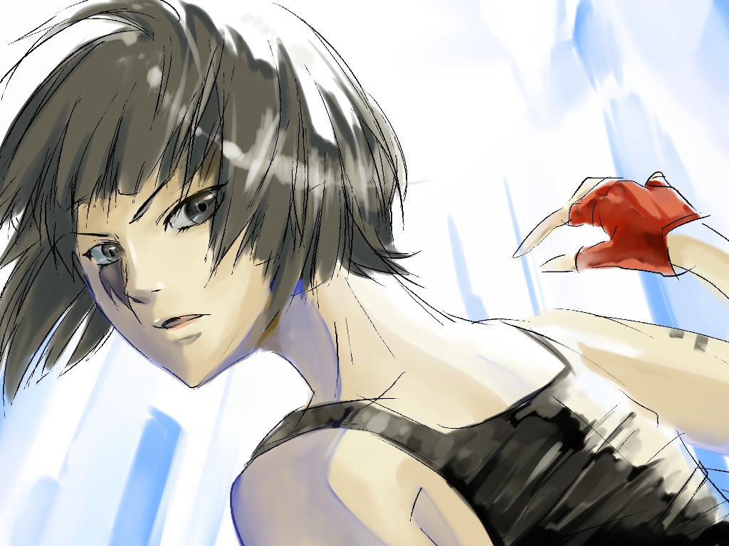 black_eyes, black_hair, facial_tattoo, faith_(mirror's_edge), faith_(mirror's_edge), fingerless_gloves, gloves, mirror's_edge