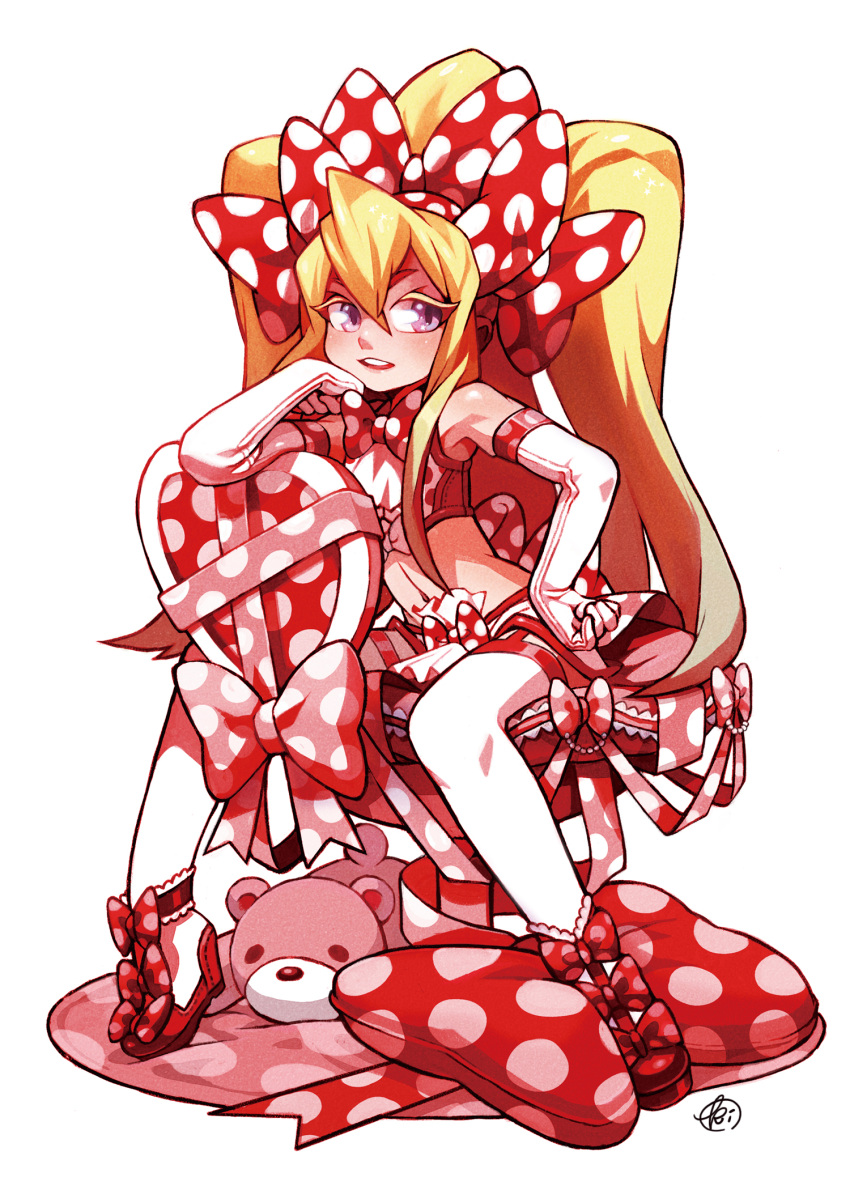 bare_shoulders, blonde_hair, bow, chair, character_request, chin_rest, elbow_gloves, frills