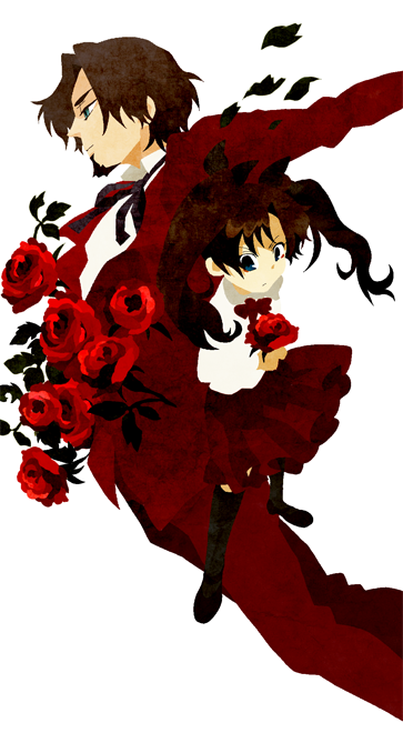 1girl, age_difference, bad_id, blue_eyes, brown_hair, child, facial_hair, fate/zero