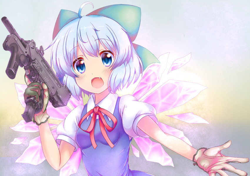 ahoge, blue_eyes, blue_hair, bow, cirno, em_s, fang, gloves, gun, hair_bow, looking_at_viewer, minebea, minebea_pm-9, pm-9, ribbon, short_hair, solo, submachine_gun, touhou, trigger_discipline, weapon, wings
