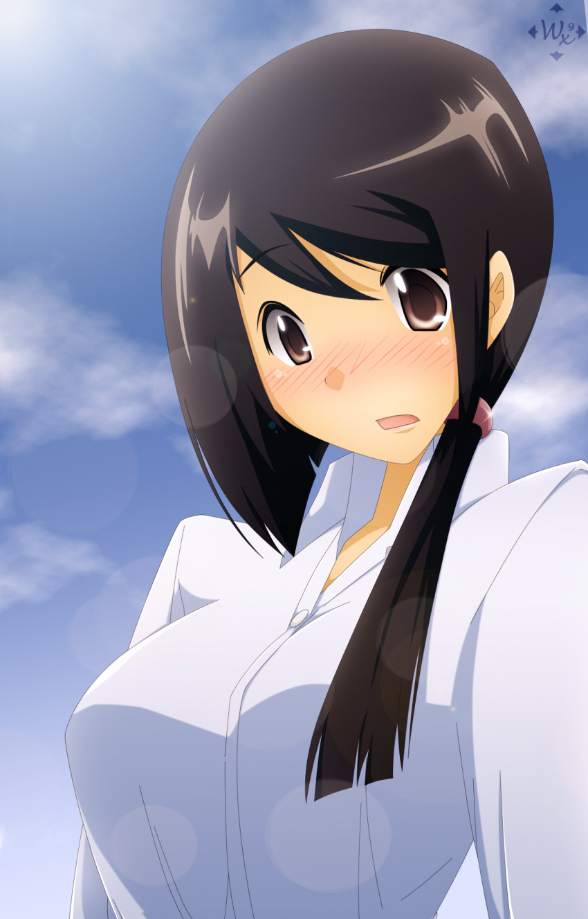 black_hair, blush, breasts, brown_eyes, hair_ornament, highres, kami_nomi_zo_shiru_sekai, large_breasts
