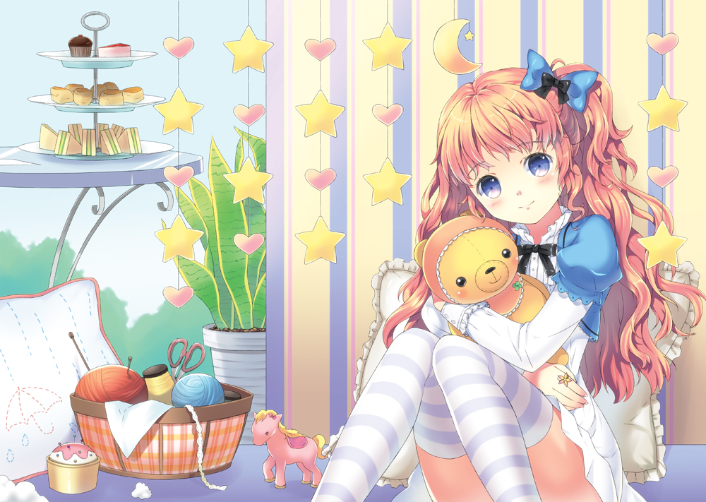 blue_eyes, cupcake, hair_ribbon, heart, jewelry, long_hair, looking_at_viewer, orange_hair