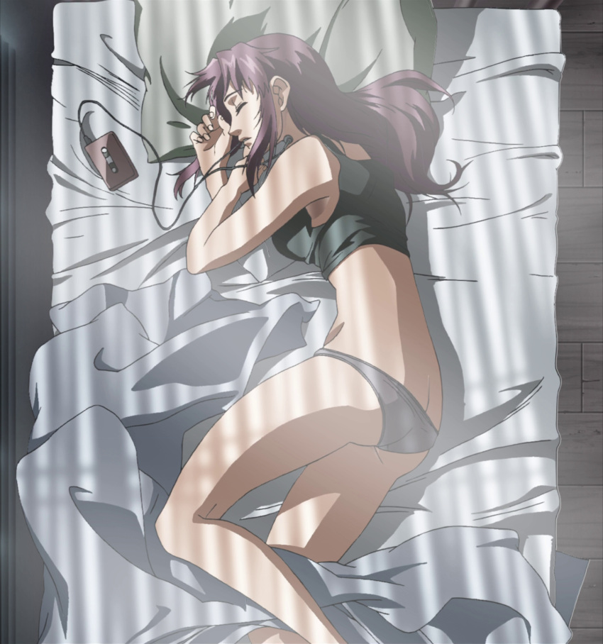 bare_shoulders, bed, bed_sheet, black_lagoon, black_panties, brown_hair, butt_crack, closed_eyes, earbuds, earphones, eyes_closed, highres, long_hair, lying, midriff, panties, revy, screencap, sleeping, stitched, tank_top, underwear, walkman