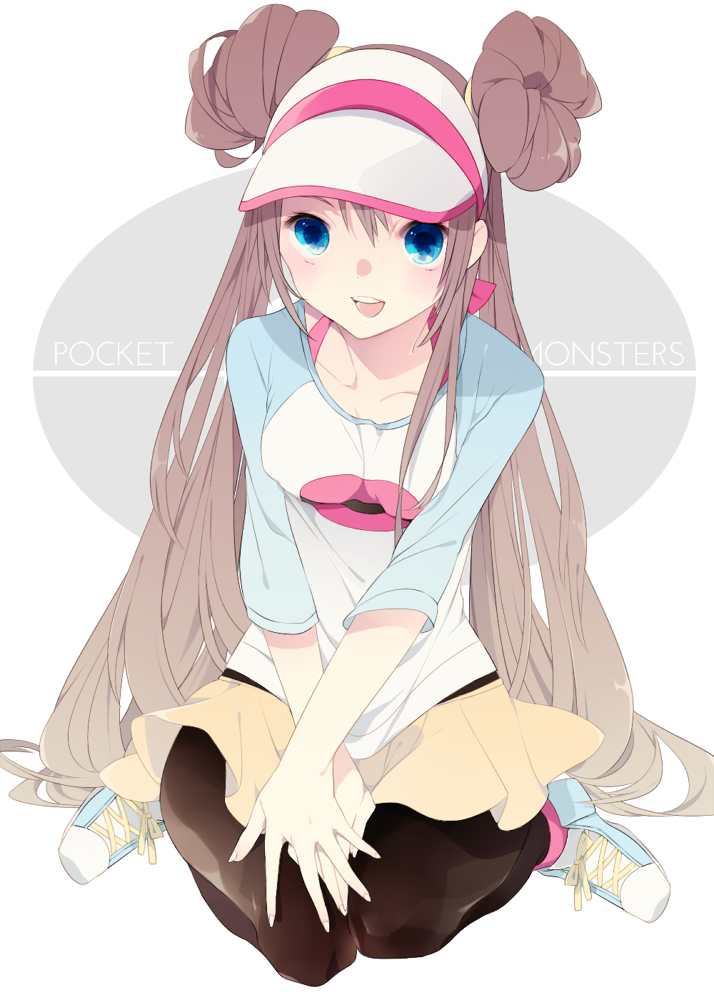 brown_hair, collarbone, double_bun, female_protagonist_(pokemon_bw2), kneeling, mei_(pokemon), pantyhose, petitbisou