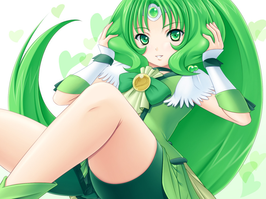 1girl, bike_shorts, choker, cure_march, dress, green_bike_shorts, green_dress, green_eyes