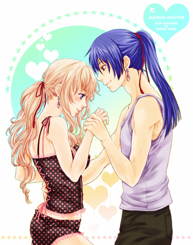 1girl, blue_eyes, blue_hair, blush, brown_eyes, character_name, couple, earrings