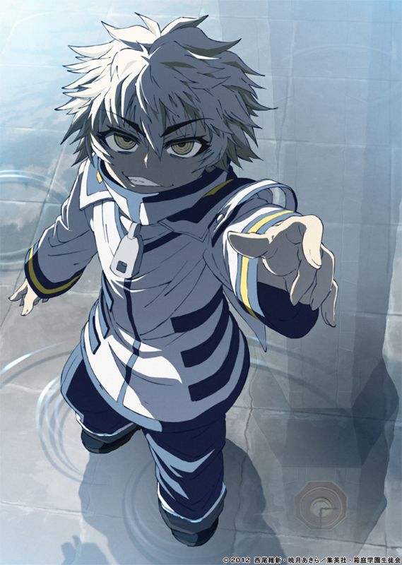 1boy, looking_at_viewer, male, medaka_box, official_art, puddle, school_uniform, solo, unzen_myouri, white_hair, yellow_eyes