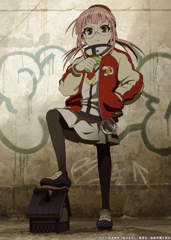 1girl, angry, bangs, black_legwear, blunt_bangs, brown_eyes, cuffs, glasses, handcuffs, hat, looking_at_viewer, medaka_box, necktie, official_art, onigase_harigane, pantyhose, pink_hair, pleated_skirt, school_uniform, shoes, skirt, solo, sweater, twintails