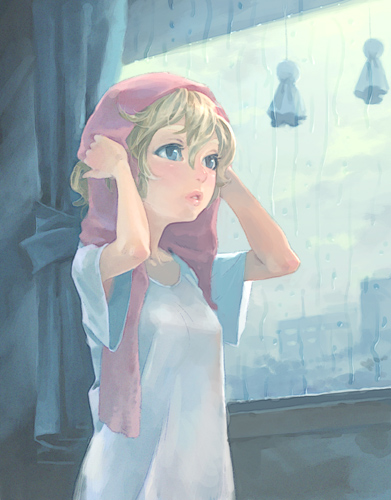 blonde_hair, blue_eyes, lips, lowres, original, solo, towel, weno