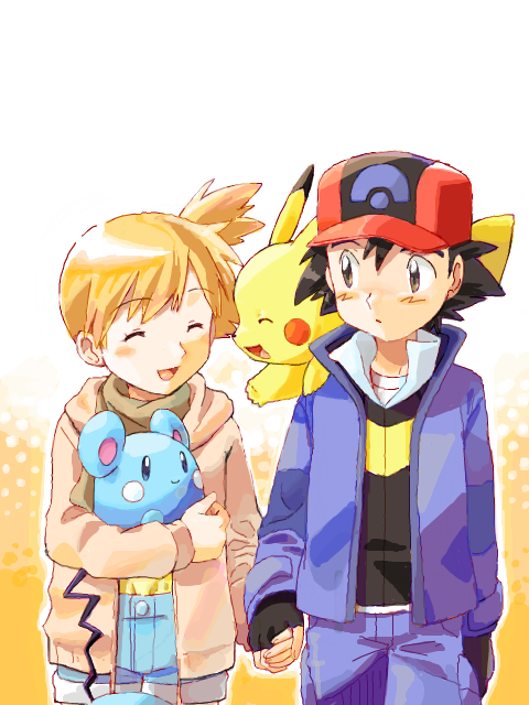 1boy, 1girl, ?????, azurill, baseball_cap, black_hair, brown_eyes, child