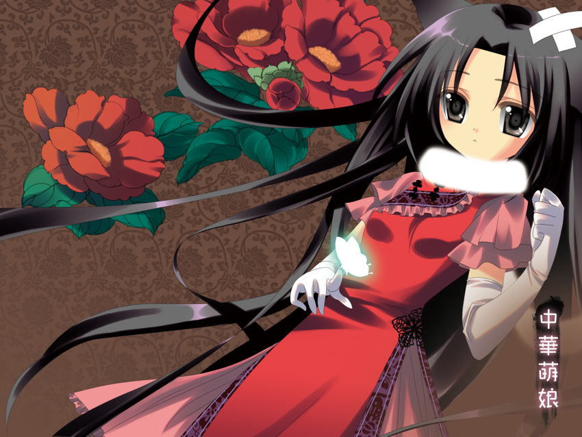black_hair, butterfly, elbow_gloves, flower, kiki_(artist)