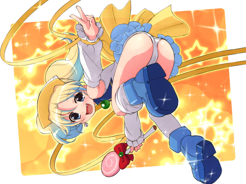 ankle_boots, armpits, ass, asymmetrical_clothes, bare_shoulders, blonde_hair, blue_eyes, boots