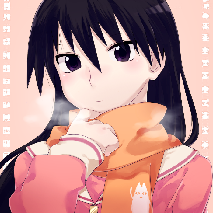 azumanga_daioh, black_eyes, black_hair, breath, chiyo_chichi, kitaya, long_hair, sakaki, scarf, school_uniform, serafuku, ya