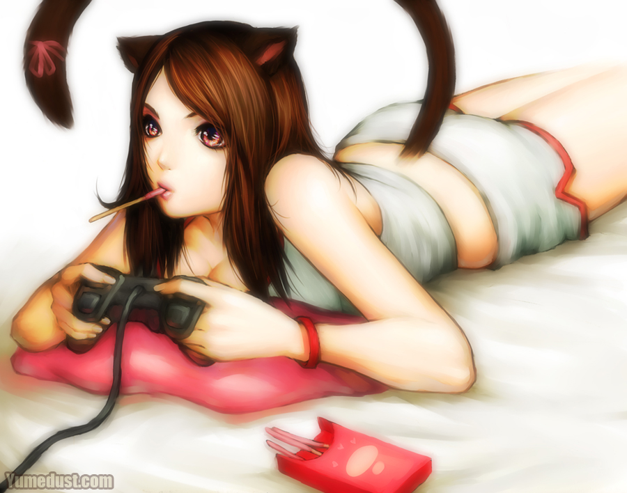 1girl, brown_hair, candy, cat_ears, cat_tail, copyright_request, indoors, katie_de_sousa