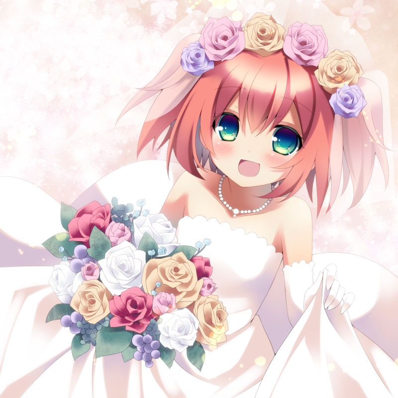 :d, blush, bouquet, brown_hair, dress, dress_lift, flower, green_eyes