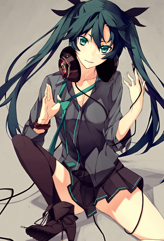 aqua_eyes, aqua_hair, hatsune_miku, long_hair, looking_at_viewer, rei_(pixiv_187780), shoes, single_thighhigh