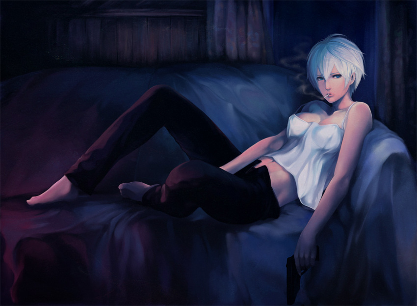 bare_shoulders, barefoot, blue_eyes, breasts, cigarette, cleavage, couch, erect_nipples, fate/zero, fate_(series), feet, gun, itori_(artist), lips, natalia_kaminski, navel, off_shoulder, open_fly, panties, pants, pistol, realistic, short_hair, sitting, smoking, solo, underwear, unzipped, vest, weapon, white_hair