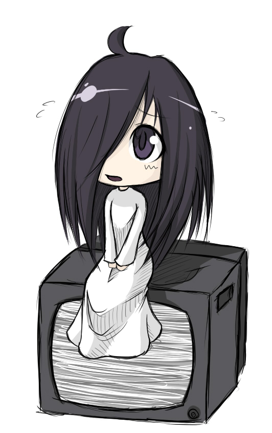 ahoge, black_eyes, black_hair, dress, hair_over_one_eye, hands_on_lap, long_hair, looking_away, open_mouth, rai-rai, simple_background, sitting, solo, television, the_ring, white_background, white_dress, yamamura_sadako