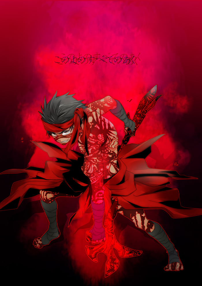 30amari1, avenger, bandana, bandanna, barefoot, black_hair, dagger, dark_skin, fate/hollow_ataraxia, fate_(series), full_body_tattoo, male, short_hair, solo, tattoo, translation_request, verg_avesta, weapon