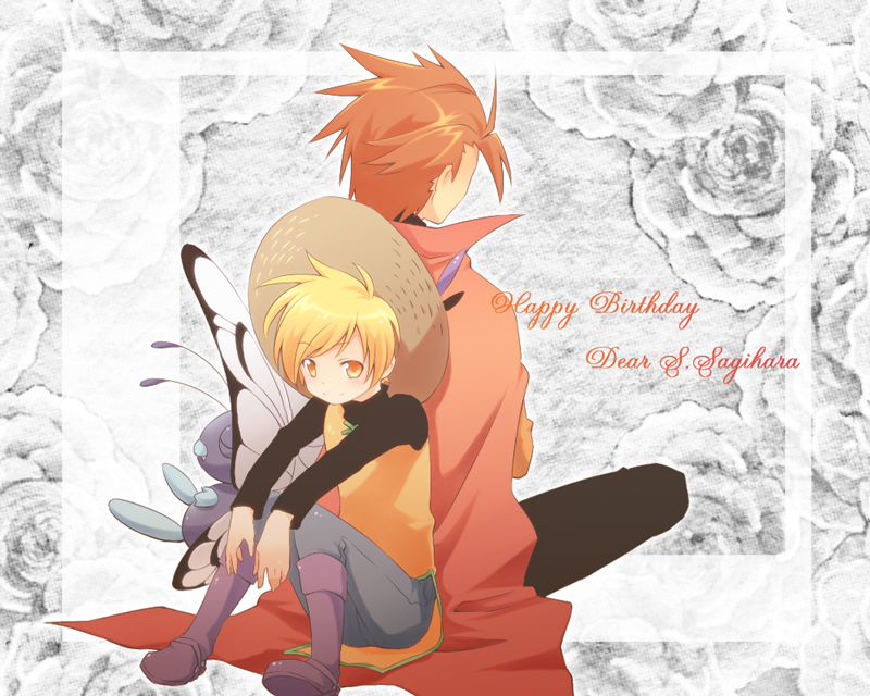 1boy, 1girl, androgynous, back-to-back, blonde_hair, boots, butterfree, cape, denim, flower, happy_birthday, hat, height_difference, orange_hair, pokemon, pokemon_(creature), pokemon_special, reverse_trap, sitting, smile, tatuta_ryu, tomboy, wataru_(pokemon), yellow_(pokemon), yellow_eyes