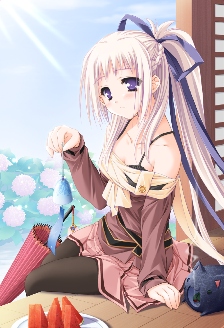 artist_request, asuku_san, black_legwear, closed_umbrella, flower, food, fruit, half_updo