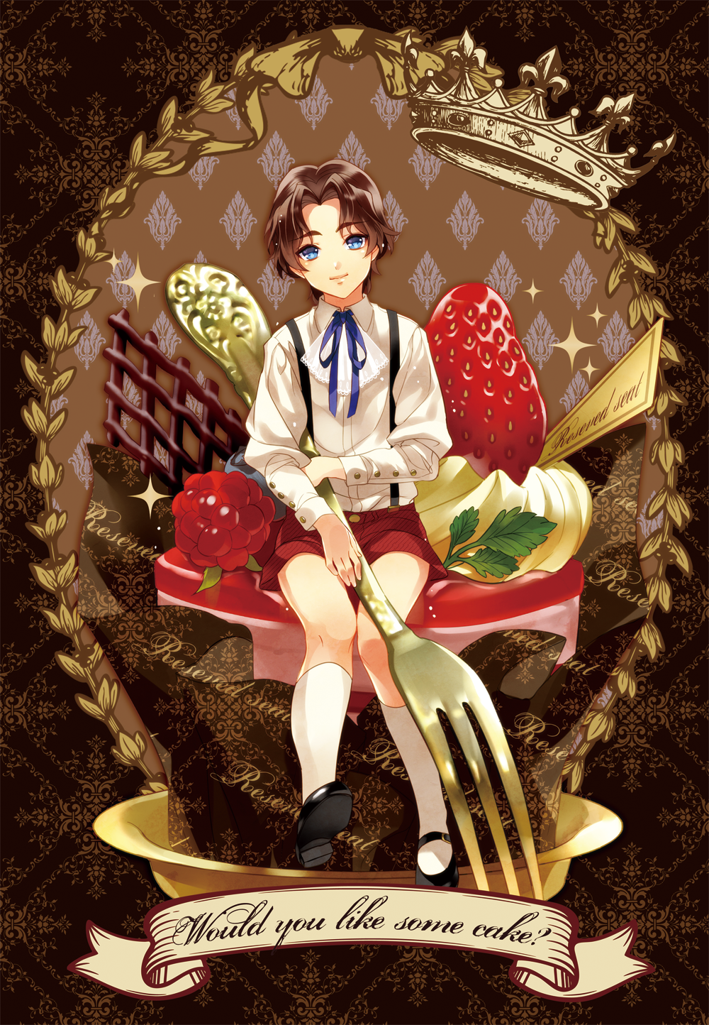 blue_eyes, brown_hair, cake, child, crown, fate/zero, fate_(series), food