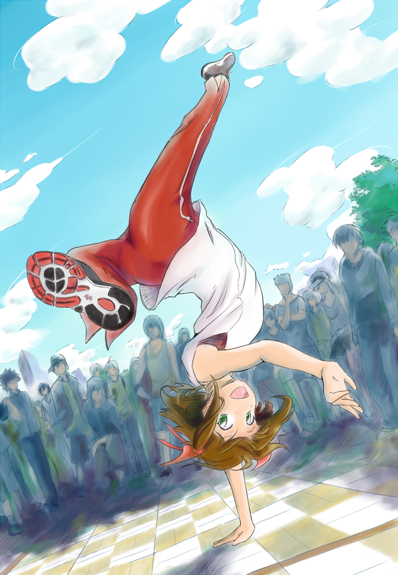 :d, amami_haruka, arched_back, breakdance, brown_hair, checkered, checkered_floor, cloud