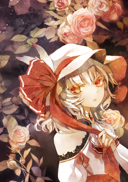 flower, hat, prino_hawell, red_eyes, remilia_scarlet, short_hair, solo, touhou